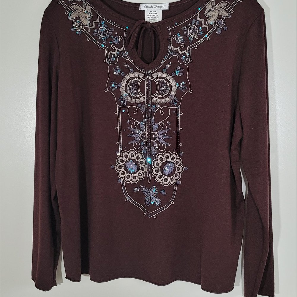 "Classic Designs" Dark Burgundy Top with Sparkling Sequins